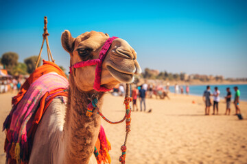 Camel on a leash for tourists in egypt generative AI - obrazy, fototapety, plakaty