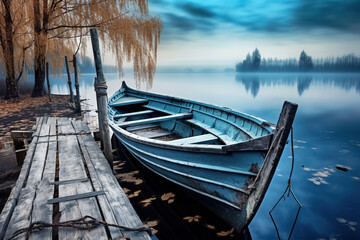 blue rustic wooden boat on the jetty at the lake