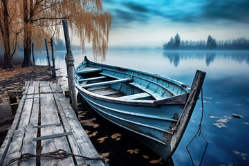 Obraz premium blue rustic wooden boat on the jetty at the lake