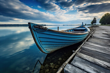Obraz premium blue rustic wooden boat on the jetty at the lake