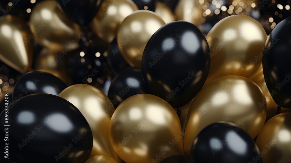 Poster a bunch of shiny black and gold balloons. perfect for adding a touch of elegance and celebration to 