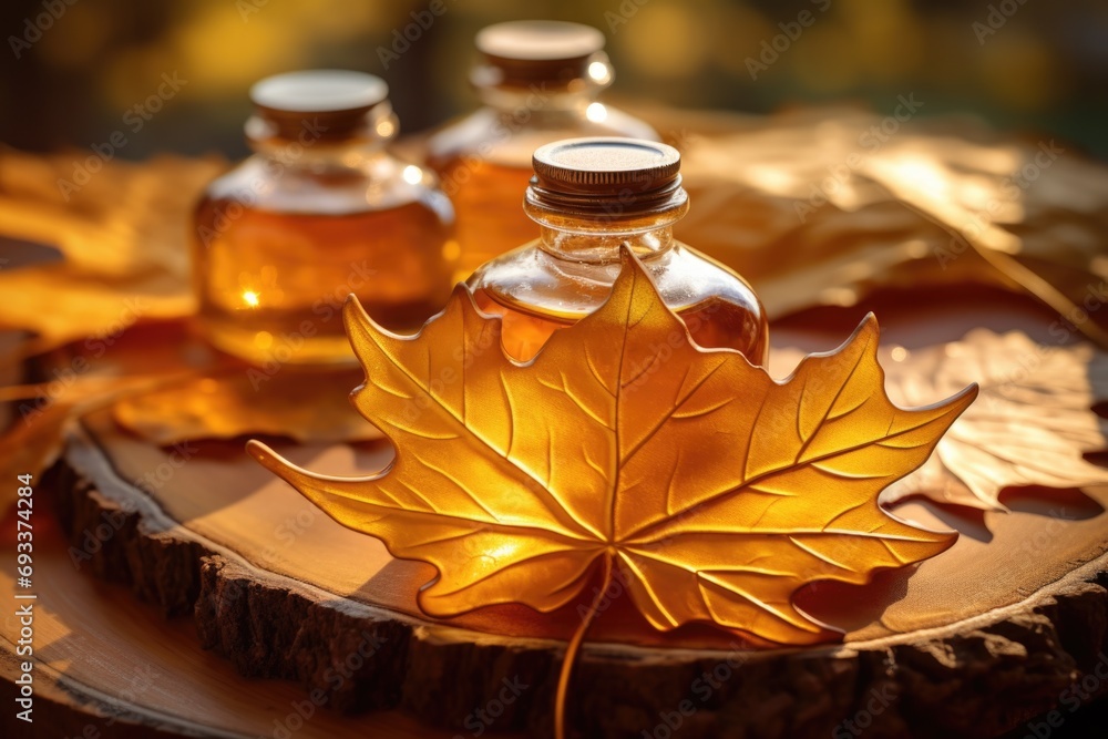 Poster a bottle of maple syrup sitting on top of a tree stump. perfect for food and nature-related projects