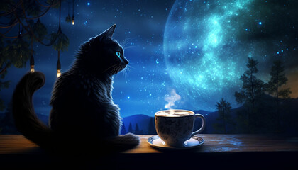 a black cat glitter coffee and crescent moon in glowing starry night - obrazy, fototapety, plakaty