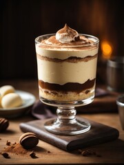 Tiramisu dessert served in a glass cup on a wooden background, Classic tiramisu dessert in a glass cup on wooden background, coffee and chocolate