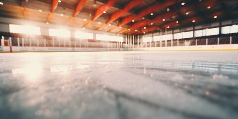 A blurry photo of an ice hockey rink. Can be used to depict action and movement in a sports setting