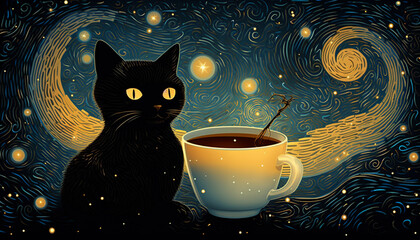 a black cat glitter coffee and crescent moon in glowing starry night