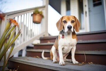 beagle near farmhouse porch steps
