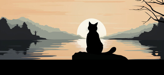 A calm and meditative cat silhouette with elements like a Zen garden or yoga pose, promoting tranquility and mindfulness.
