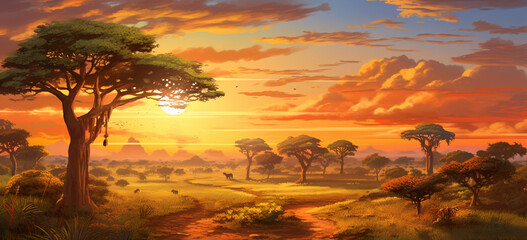 Depict a horizon with acacia trees on an African savannah, with the sun setting in warm hues behind them.