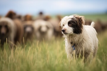Naklejka na ściany i meble herding dog pausing as sheep graze calmly