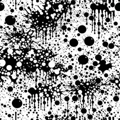 Abstract drawing of blots, splashes, drops and stains with black paint on a white background.