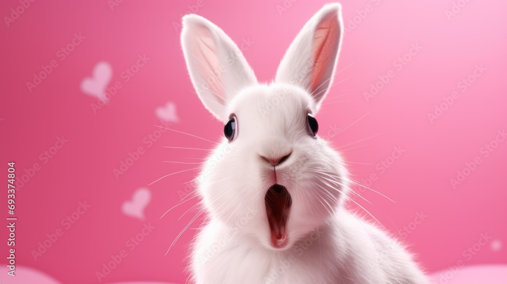 Poster close-up photo of a rabbit with its mouth open. perfect for illustrating animal behavior or showcasi