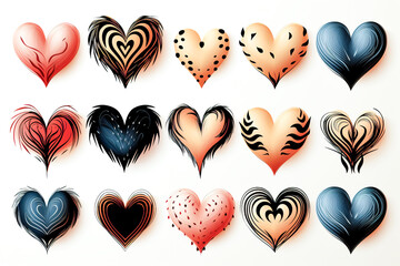 A set of fluffy hearts with animalistic prints on white background.