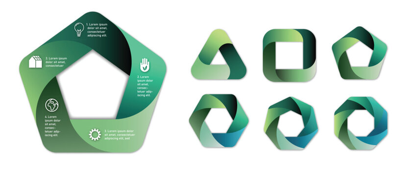 green sustainable environmentally friendly eco renewable infographic chart pie template, step scheme layout, circular process flow, datum structure, vector graphic illustration