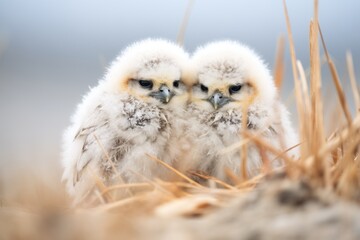 Obraz premium snowy owl chicks huddled together on a snowy nest