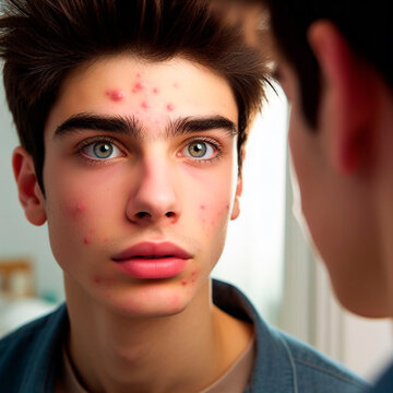Adolescente var&oacute;n con acn&eacute; juvenil vi&eacute;ndose al espejo con mirada sorprendida