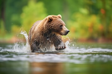 side view of grizzly running in shallow water
