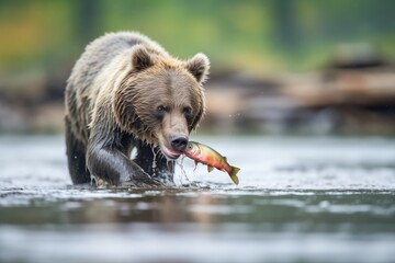 Obraz premium grizzly bear feasting on salmon on riverbank