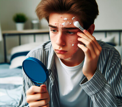 Adolescente var&oacute;n utilizando remedio medicinal contra el acn&eacute; juvenil