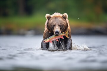 Obraz premium grizzly bear standing in river with salmon in mouth