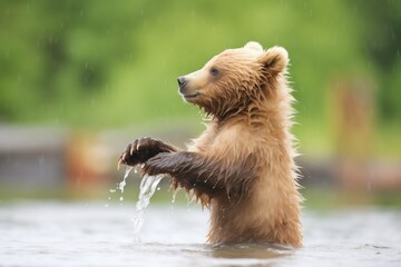 Fototapeta premium juvenile bear playfully slapping water, learning to fish