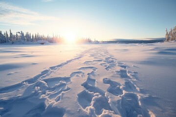 A snow covered field with visible tracks. Suitable for winter landscapes and outdoor activities