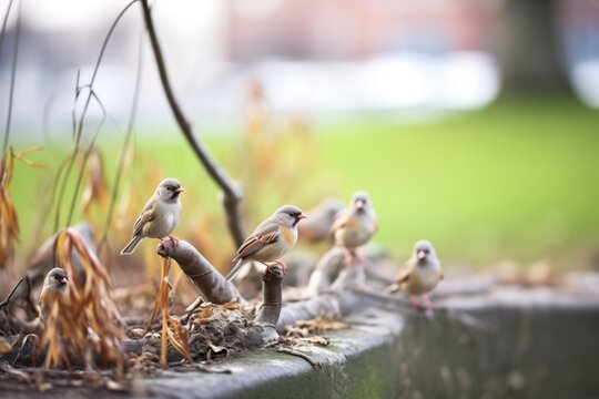 sparrows gathering twigs in park