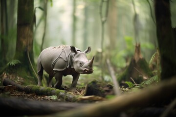 Fototapeta premium lone javan rhino in rainforest clearing