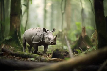 Poster lone javan rhino in rainforest clearing © studioworkstock