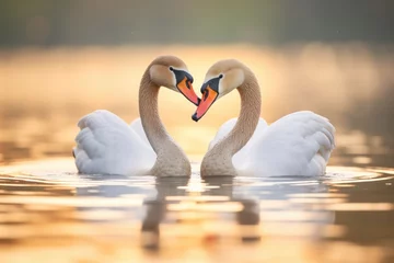 Keuken spatwand met foto morning shot of swan duo, necks curving into a dewy heart © stickerside