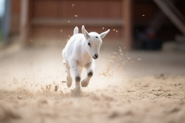 kid goat in motion, dust kicking up behind