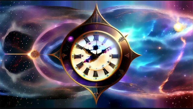 a classic clock superimposed on a cosmic background. The artwork symbolizes the flow of time and the infinity of the universe.