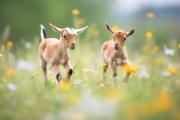 baby goats frolicking among wildflowers