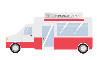 Hand drawn automobile for blood donation. Blood donation center in a medical transport vehicle. Hand drawn isolated vector illustration in flat design