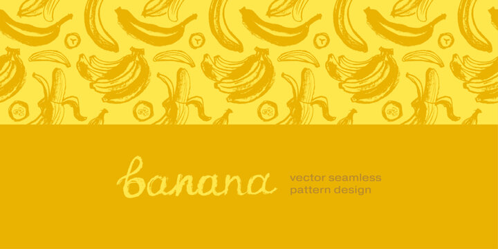Color banana pattern seamless for banner template. Banana wallpaper. Tropical ornament with crayon texture. Vector bananas background.