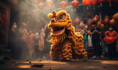 Gordijnen Dragon and lion dance show in chinese new year festival (Tet festival ), lion dance street performances in Vietnam. Selective focus © Irina