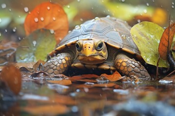 tortoise with wet leaves in its habitat