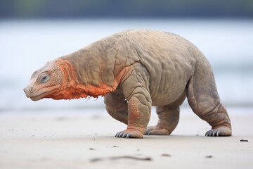 Obraz premium side view of komodo dragon strolling on beach sand
