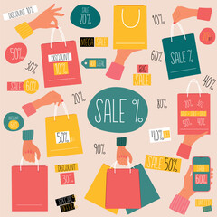Set with Female hands hold shopping bag for sale with various percents offers. Discound labels. Vector.