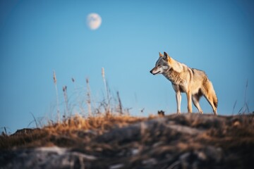 lone wolf on hilltop against full moon