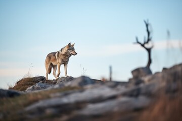 Obraz premium lone wolf on hilltop against full moon