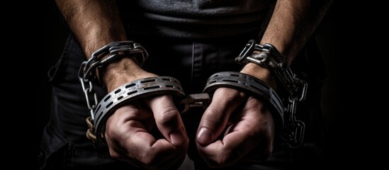 Computer hacker and cyber criminal arrested, hands in handcuffs, close up shot.