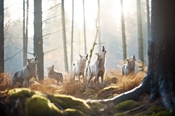 wolf pack howling together on a forest clearing - obrazy, fototapety, plakaty