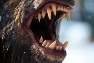 close-up of a wolfs face mid-howl in the snow
