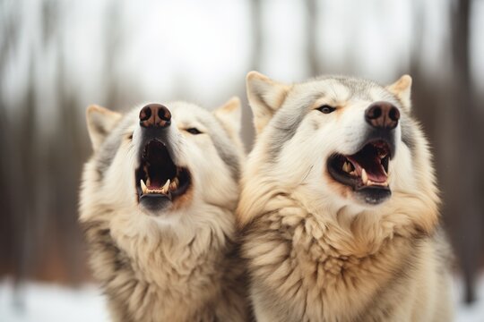 howling wolf pair, focused on ones eyes