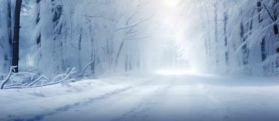 Snow-covered forest road with sleeping tree silhouettes in winter. - obrazy, fototapety, plakaty