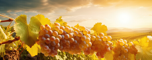 A close up of the bunches of  white grapes for wine in the the vineyard