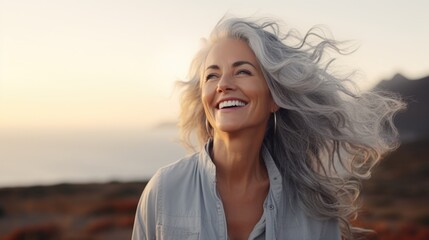 A woman with grey hair smiling at the camera. Can be used for lifestyle, aging, beauty, or happiness concepts - obrazy, fototapety, plakaty