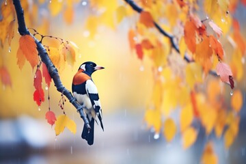 woodpecker pecking on a tree with autumn leaves