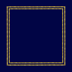 watercolor square frame with Christmas tree toys with shiny golden beads, garlands of golden vintage glitter beads, illustration with Christmas decoration isolated on blue background